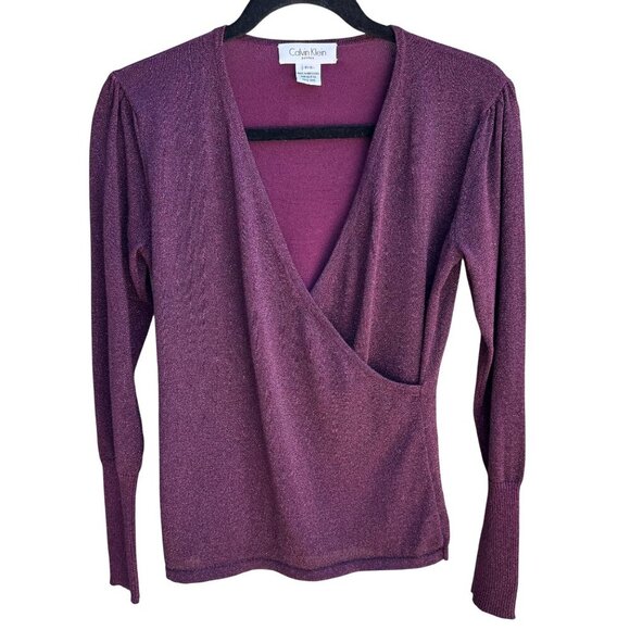Calvin Klein Petites Womens Deep V Neck Purple Metallic Knit Wrap Blouse Top P/S - Picture 1 of 8